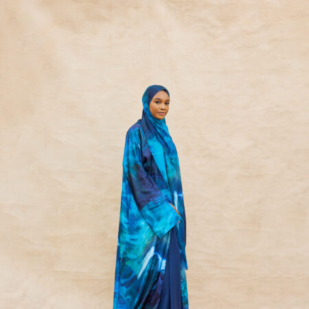 Model wearing Ocean Abaya – blue modest fashion